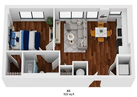 Floor plan for 1 bed, 1 bath, 524 sqft
